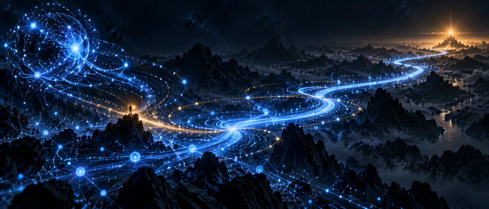 Human–agent co-calibration: the human's amber value anchors and the blue-violet intelligence network form a feedback loop, jointly correcting the path of future action.
