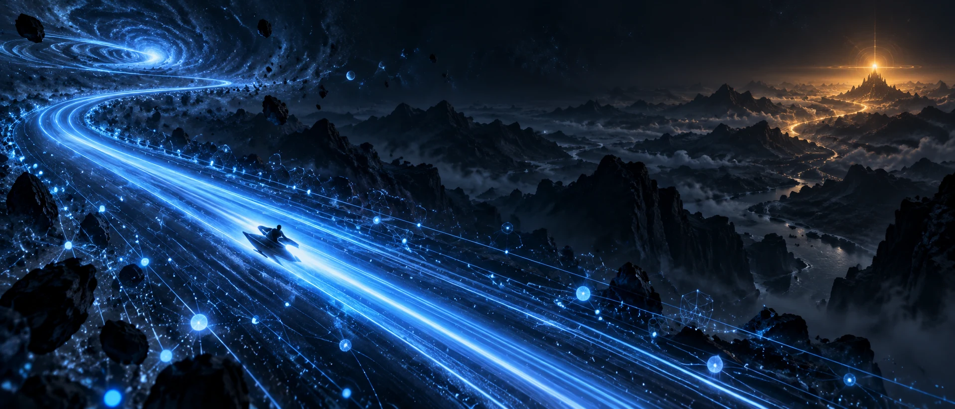 Cover: a blue track of execution light racing at high speed toward a direction that leads away from the true goal, with a distant amber beacon symbolizing the values humans truly cherish. Deep blue-black digital universe, 21:9.