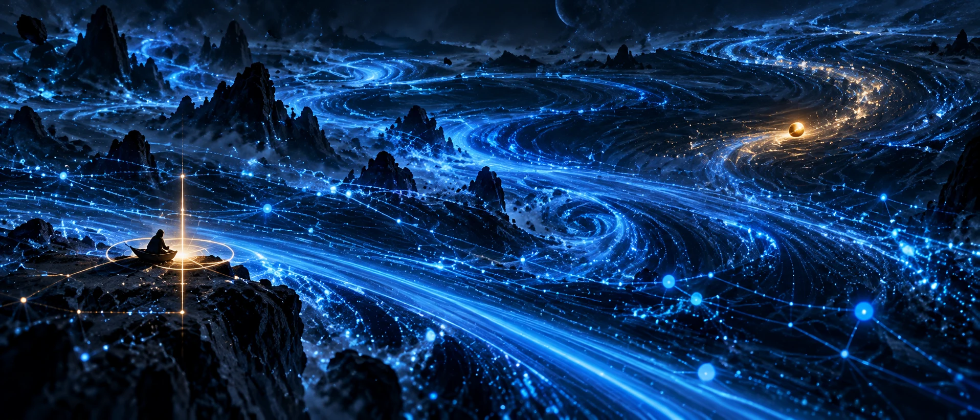 Carving the boat to seek the sword: an old coordinate is kept at the boat's side while the true point of reference has drifted away with the ever-changing environment; a fixed mark set against a flowing sea of data.